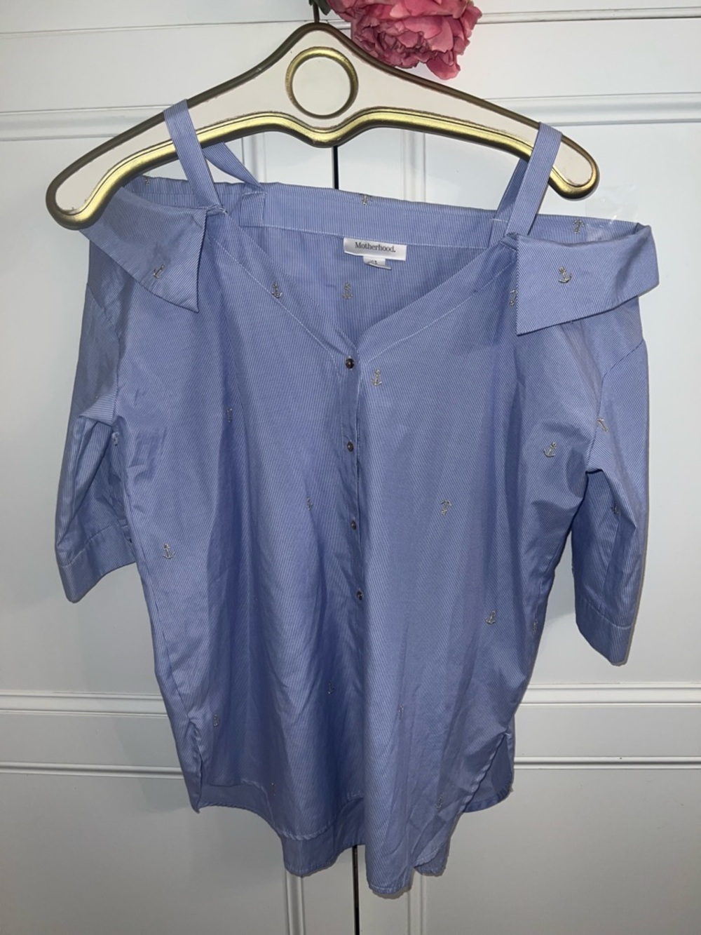 Motherhood Maternity Light Blue Off-Shoulder Button-Down Top